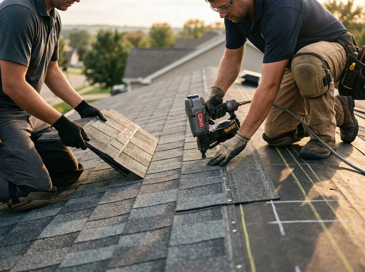 Professional roofer working on a residential roof in Brown Deer